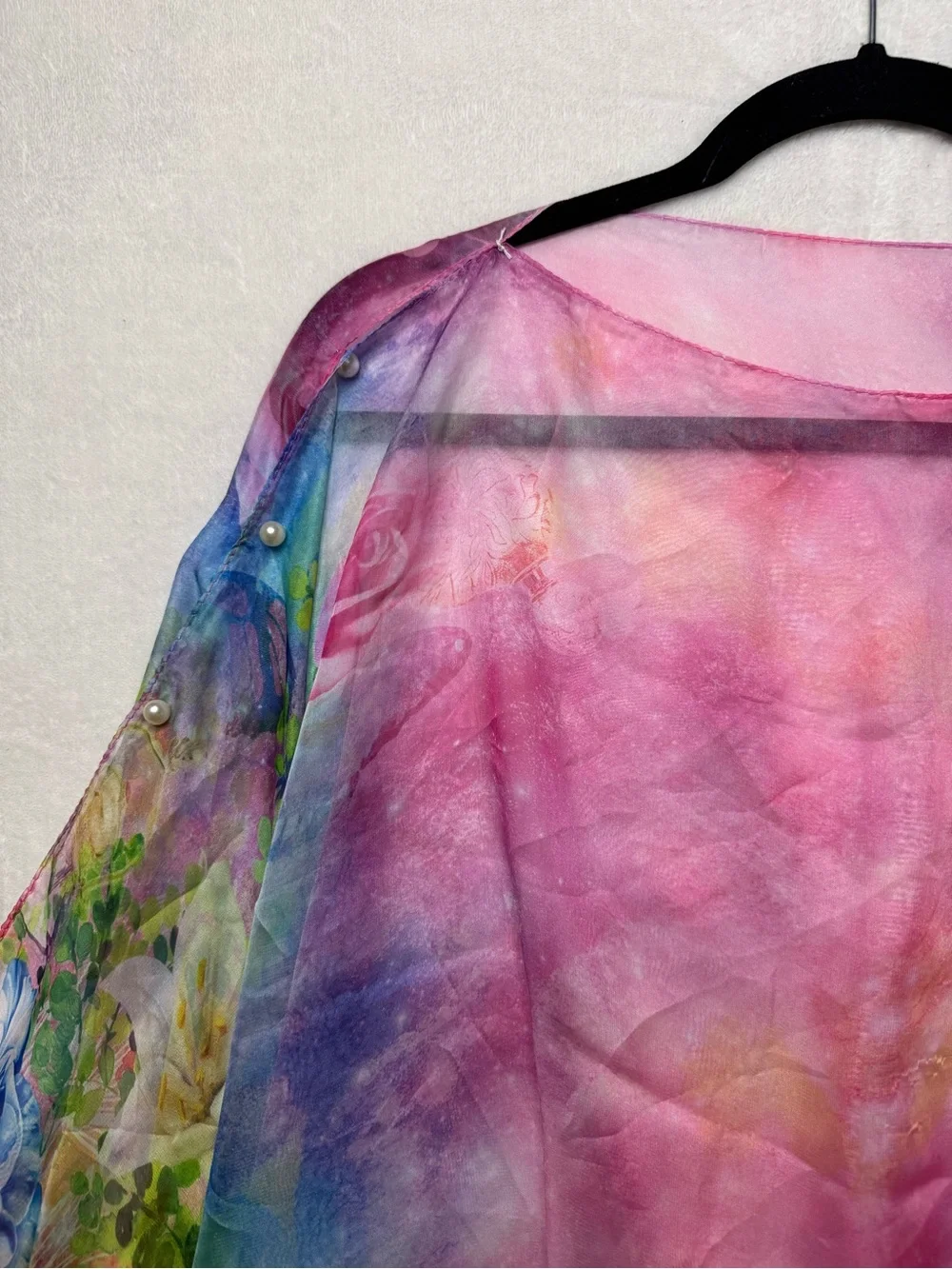 100% Silk Chiffon Sheer Floral Poncho Wrap Top Shawl Pearls Boho Resortwear